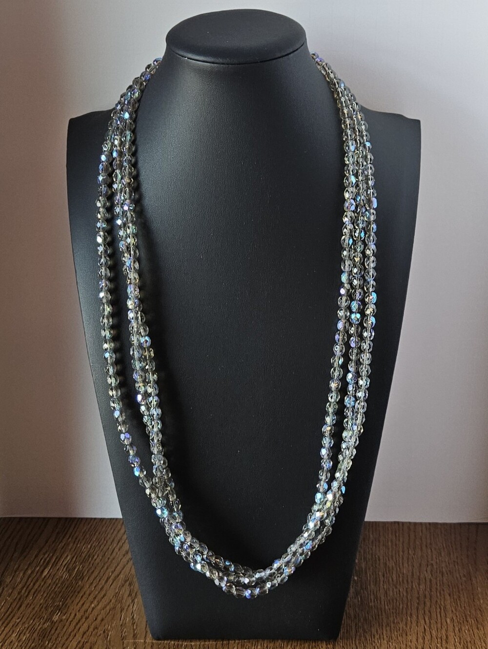 Vintage Aurora Borealis Crystal 3 Strand Bead Necklace Adjustable Gold  Tassel